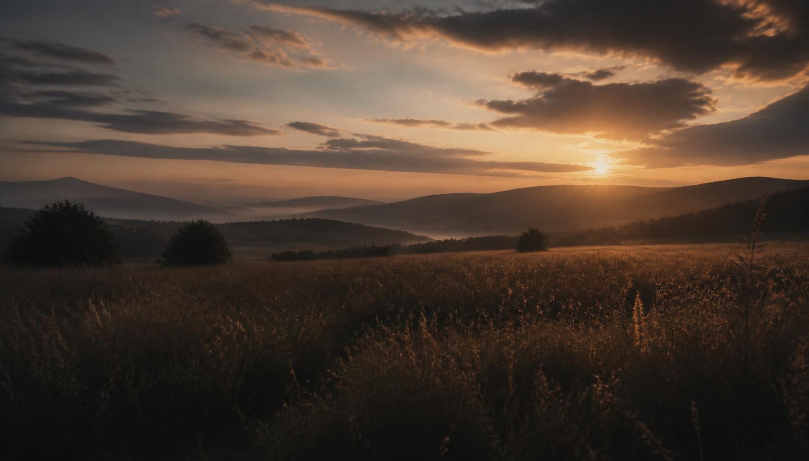 Golden light breaking over an open field at dawn
