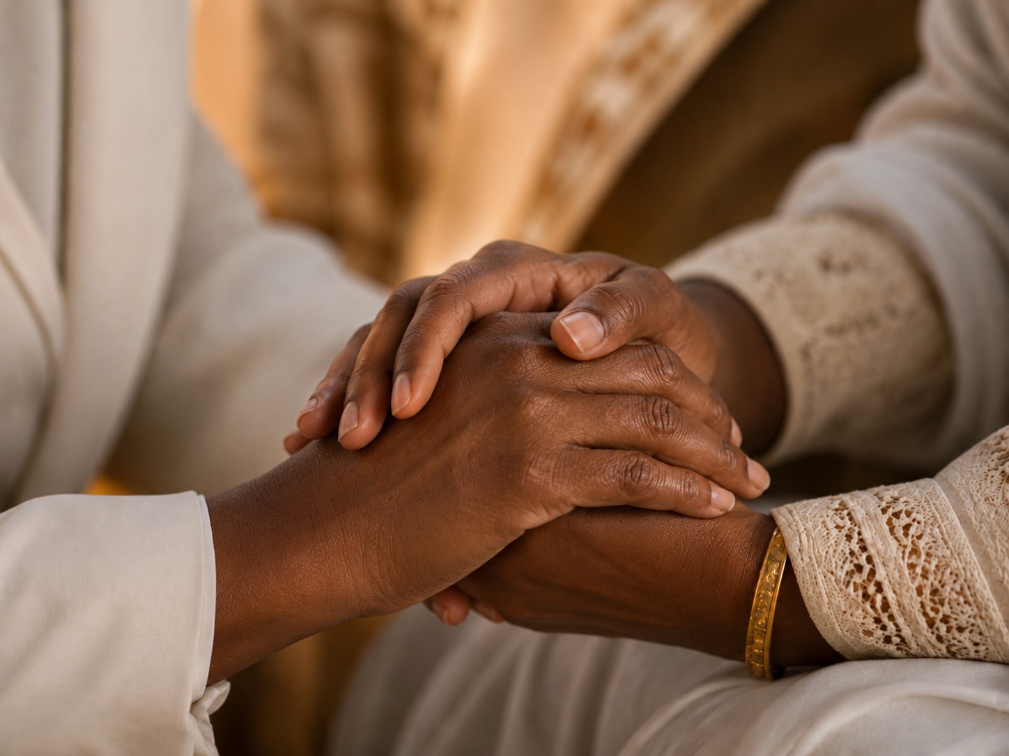 Two people clasping hands in support and prayer during a counseling session
